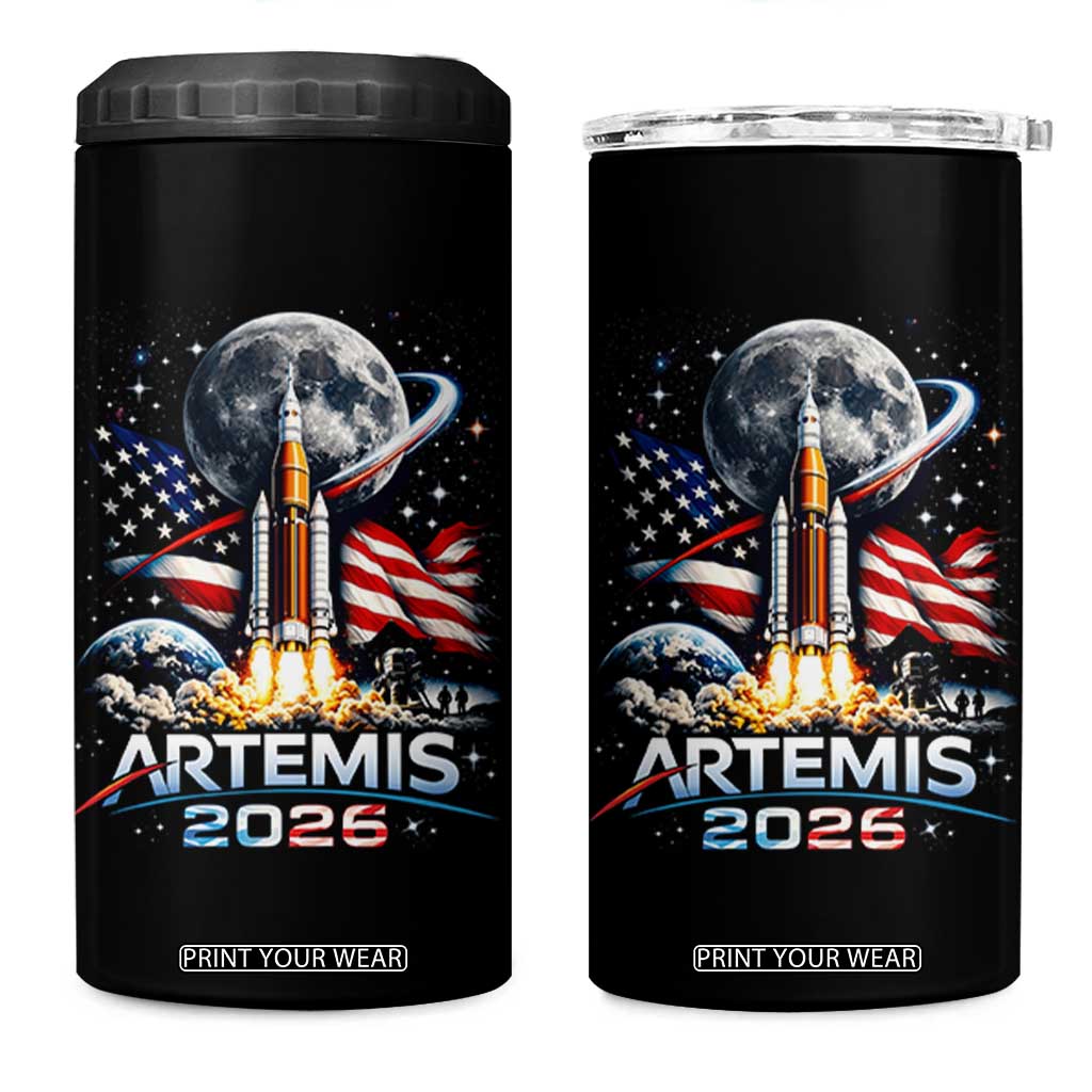 Patriotic 2026 Lunar Orbit Mission Rocket Launch 4 in 1 Can Cooler Tumbler American Flag n Moon Patriotic Space Astronomy Enthusiasts TS02 One Size: 16 oz Black Print Your Wear