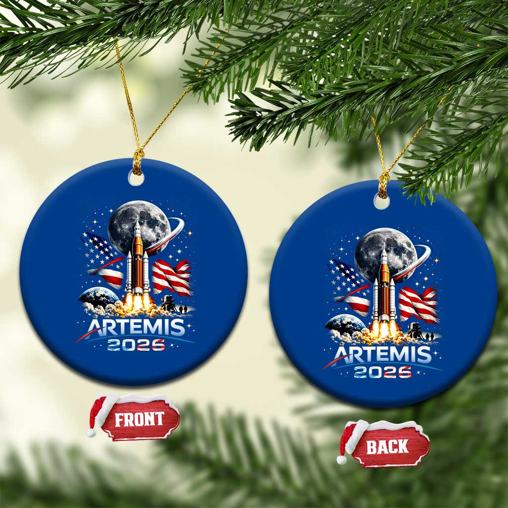 Patriotic 2026 Lunar Orbit Mission Rocket Launch Ceramic Ornament American Flag n Moon Patriotic Space Astronomy Enthusiasts TS02 1pc Blue Print Your Wear