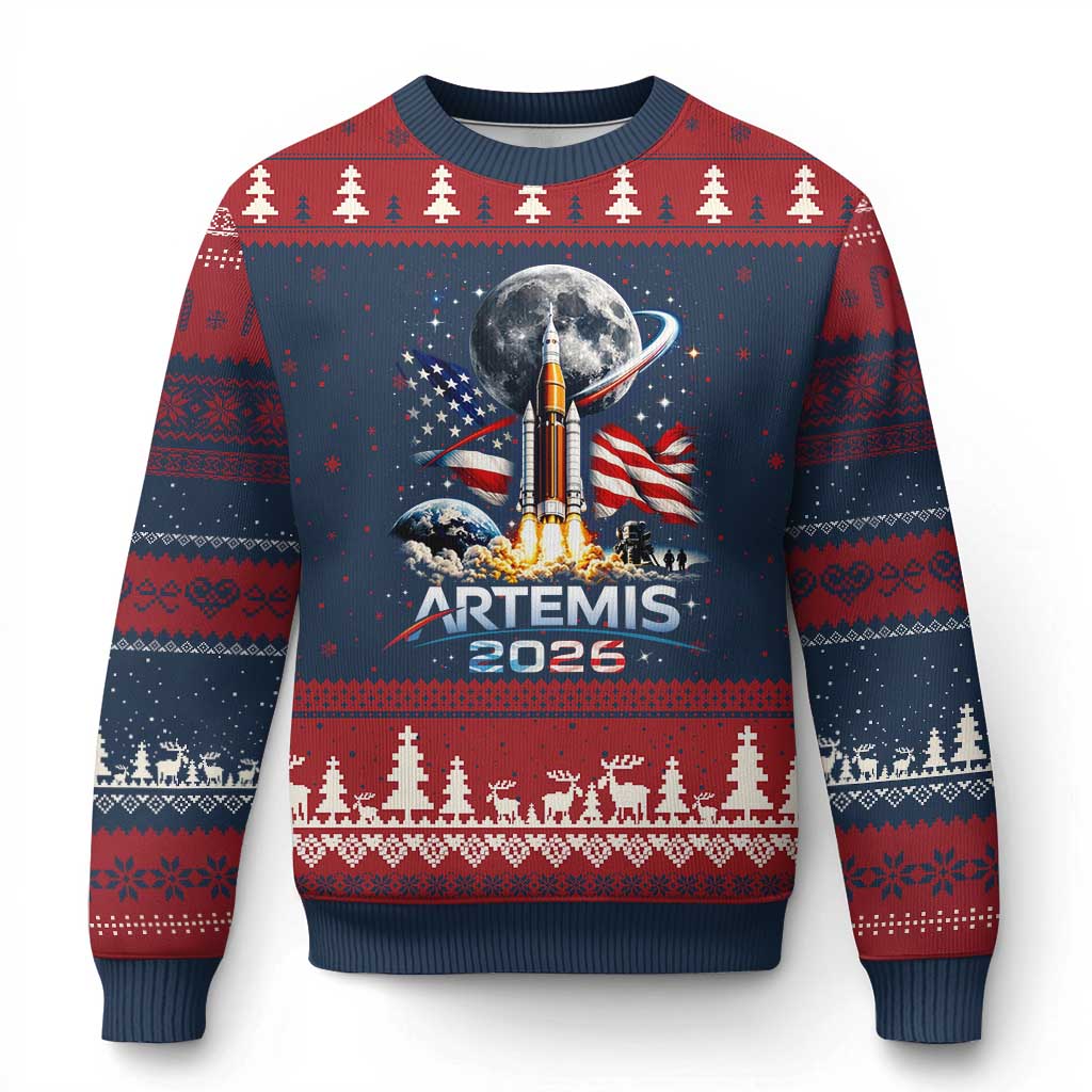 Patriotic 2026 Lunar Orbit Mission Rocket Launch Ugly Christmas Sweater American Flag n Moon Patriotic Space Astronomy Enthusiasts TS02 Navy Red Print Your Wear