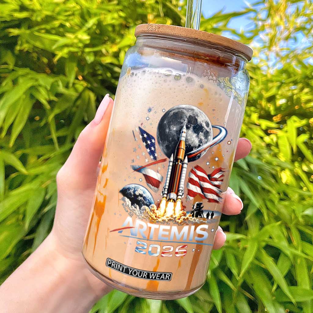 Patriotic 2026 Lunar Orbit Mission Rocket Launch Glass Can American Flag n Moon Patriotic Space Astronomy Enthusiasts TS02 Black Print Your Wear