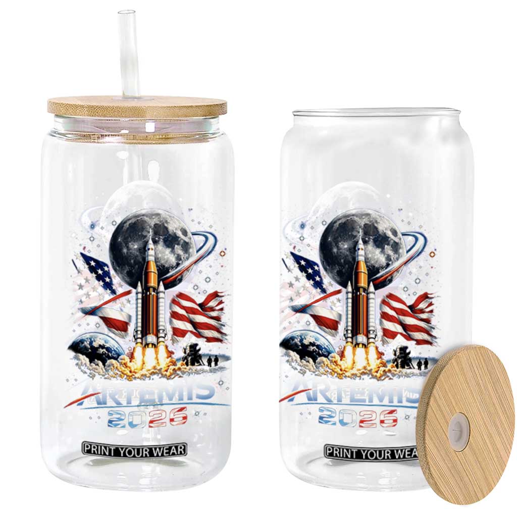 Patriotic 2026 Lunar Orbit Mission Rocket Launch Glass Can American Flag n Moon Patriotic Space Astronomy Enthusiasts TS02 Print Your Wear
