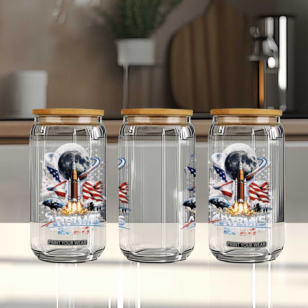 Patriotic 2026 Lunar Orbit Mission Rocket Launch Glass Can American Flag n Moon Patriotic Space Astronomy Enthusiasts TS02 Print Your Wear