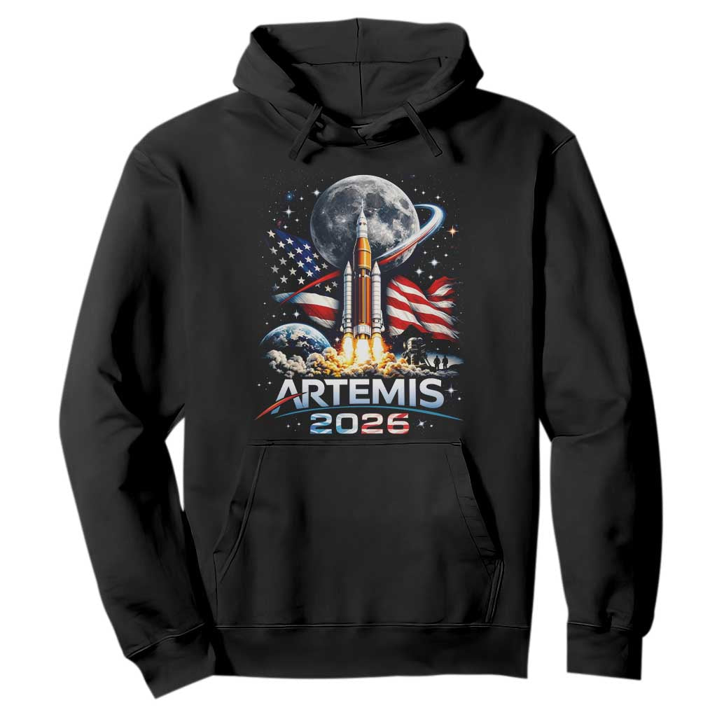 Patriotic 2026 Lunar Orbit Mission Rocket Launch Hoodie American Flag n Moon Patriotic Space Astronomy Enthusiasts TS02 Black Print Your Wear