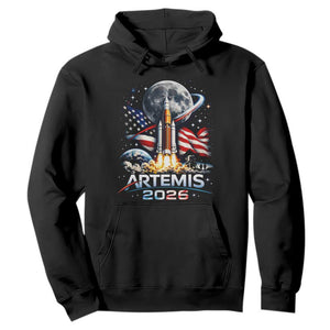 Patriotic 2026 Lunar Orbit Mission Rocket Launch Hoodie American Flag n Moon Patriotic Space Astronomy Enthusiasts TS02 Black Print Your Wear
