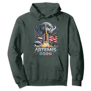 Patriotic 2026 Lunar Orbit Mission Rocket Launch Hoodie American Flag n Moon Patriotic Space Astronomy Enthusiasts TS02 Dark Forest Green Print Your Wear