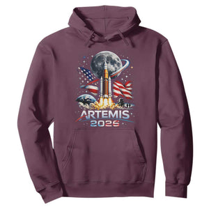 Patriotic 2026 Lunar Orbit Mission Rocket Launch Hoodie American Flag n Moon Patriotic Space Astronomy Enthusiasts TS02 Maroon Print Your Wear