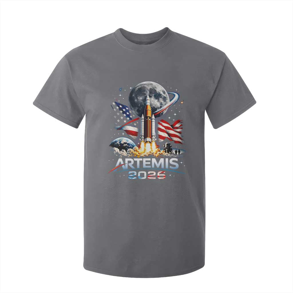 Patriotic 2026 Lunar Orbit Mission Rocket Launch T Shirt For Kid American Flag n Moon Patriotic Space Astronomy Enthusiasts TS02 Charcoal Print Your Wear