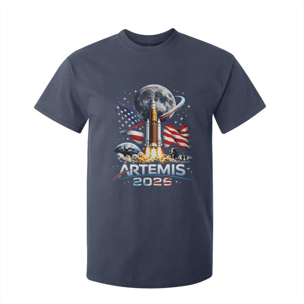 Patriotic 2026 Lunar Orbit Mission Rocket Launch T Shirt For Kid American Flag n Moon Patriotic Space Astronomy Enthusiasts TS02 Navy Print Your Wear