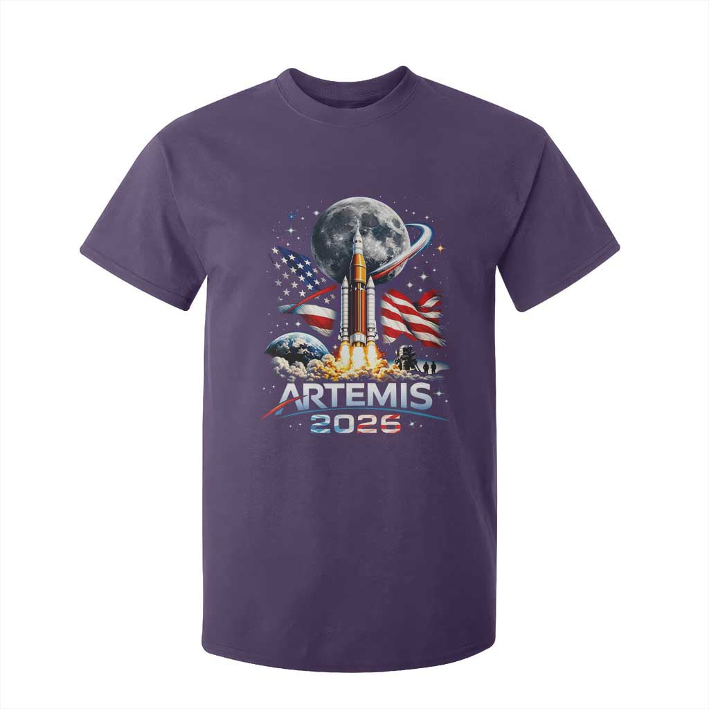 Patriotic 2026 Lunar Orbit Mission Rocket Launch T Shirt For Kid American Flag n Moon Patriotic Space Astronomy Enthusiasts TS02 Purple Print Your Wear