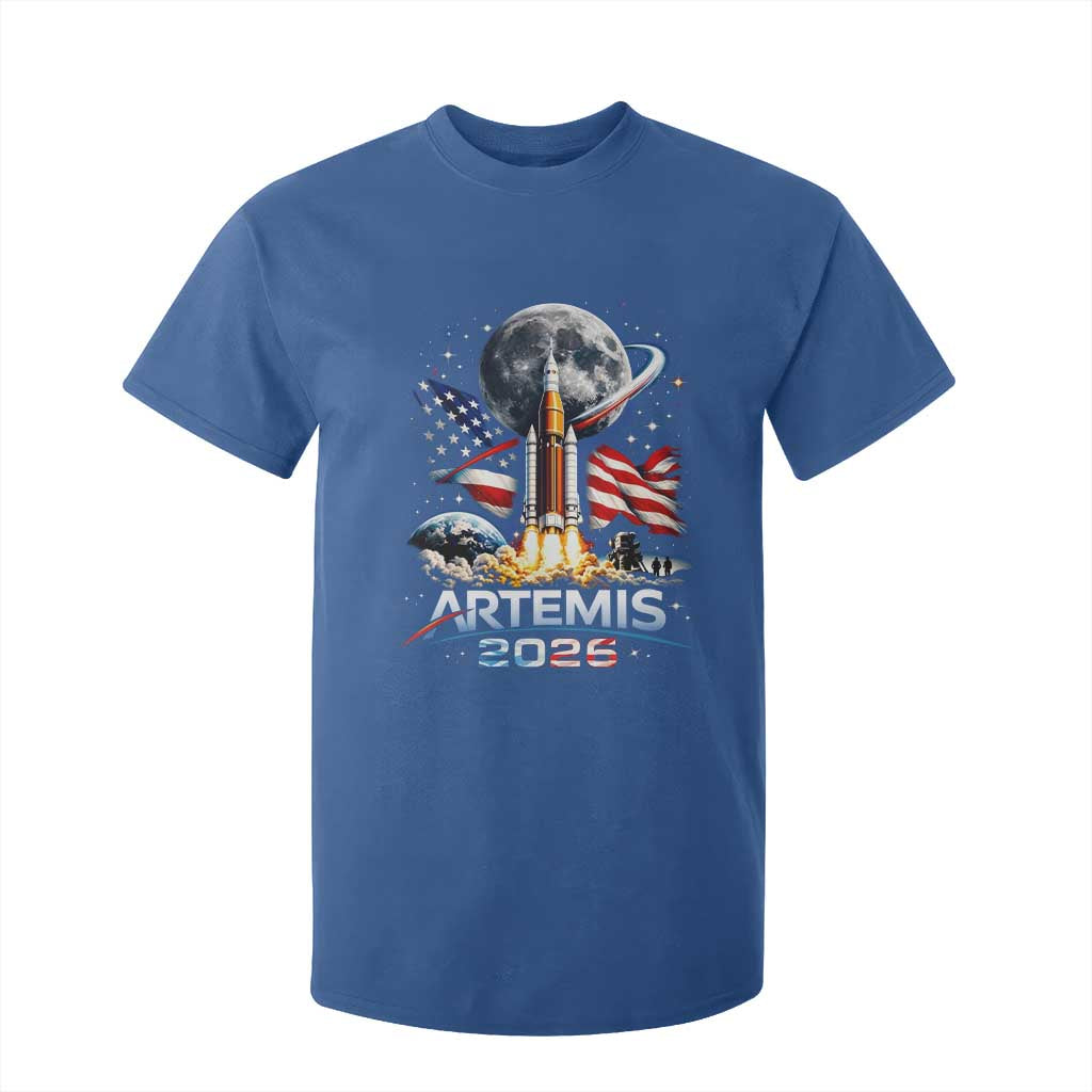 Patriotic 2026 Lunar Orbit Mission Rocket Launch T Shirt For Kid American Flag n Moon Patriotic Space Astronomy Enthusiasts TS02 Royal Blue Print Your Wear