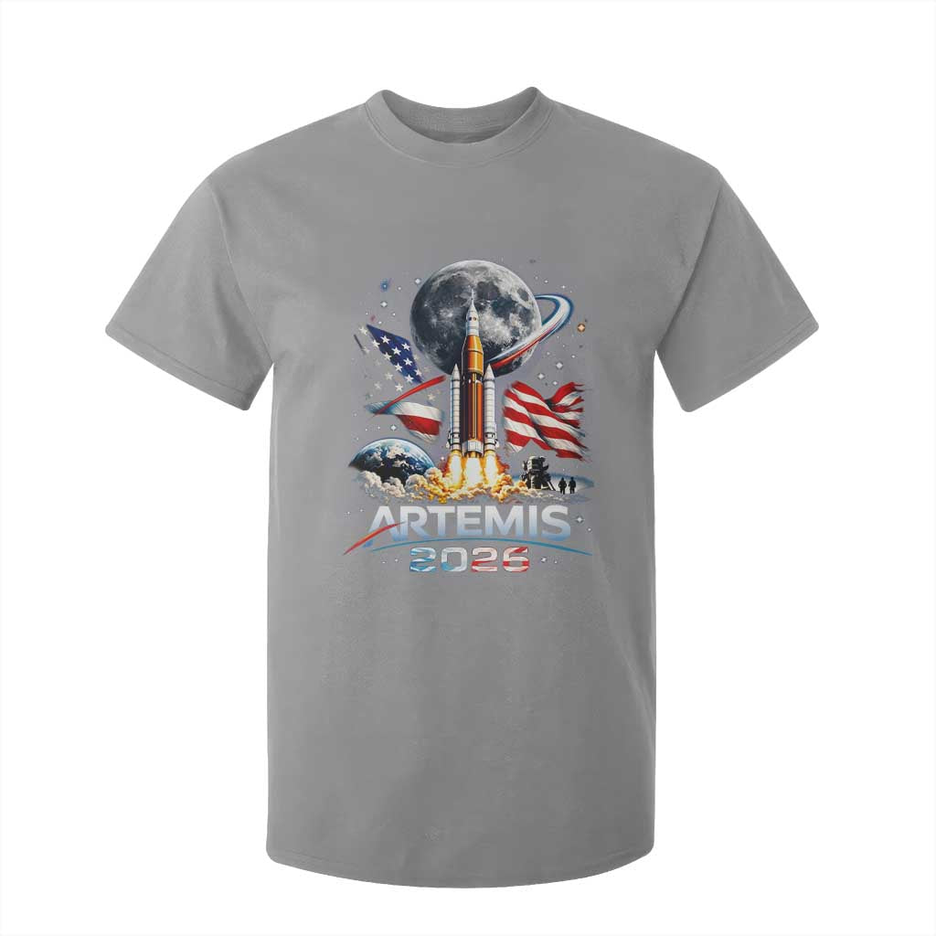 Patriotic 2026 Lunar Orbit Mission Rocket Launch T Shirt For Kid American Flag n Moon Patriotic Space Astronomy Enthusiasts TS02 Sport Gray Print Your Wear