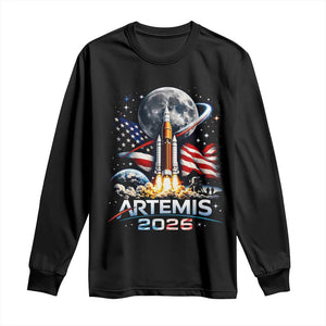 Patriotic 2026 Lunar Orbit Mission Rocket Launch Long Sleeve Shirt American Flag n Moon Patriotic Space Astronomy Enthusiasts TS02 Black Print Your Wear