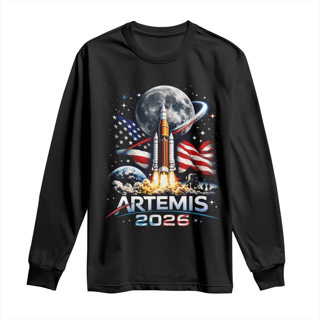 Patriotic 2026 Lunar Orbit Mission Rocket Launch Long Sleeve Shirt American Flag n Moon Patriotic Space Astronomy Enthusiasts TS02 Black Print Your Wear