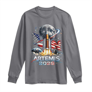 Patriotic 2026 Lunar Orbit Mission Rocket Launch Long Sleeve Shirt American Flag n Moon Patriotic Space Astronomy Enthusiasts TS02 Charcoal Print Your Wear