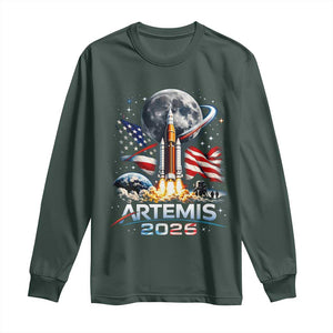 Patriotic 2026 Lunar Orbit Mission Rocket Launch Long Sleeve Shirt American Flag n Moon Patriotic Space Astronomy Enthusiasts TS02 Dark Forest Green Print Your Wear