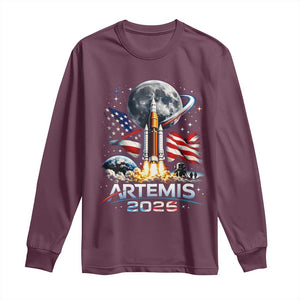 Patriotic 2026 Lunar Orbit Mission Rocket Launch Long Sleeve Shirt American Flag n Moon Patriotic Space Astronomy Enthusiasts TS02 Maroon Print Your Wear