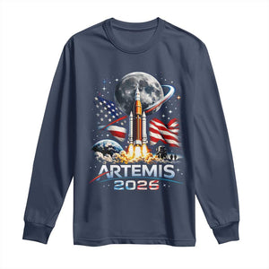 Patriotic 2026 Lunar Orbit Mission Rocket Launch Long Sleeve Shirt American Flag n Moon Patriotic Space Astronomy Enthusiasts TS02 Navy Print Your Wear
