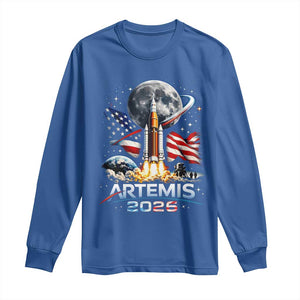 Patriotic 2026 Lunar Orbit Mission Rocket Launch Long Sleeve Shirt American Flag n Moon Patriotic Space Astronomy Enthusiasts TS02 Royal Blue Print Your Wear