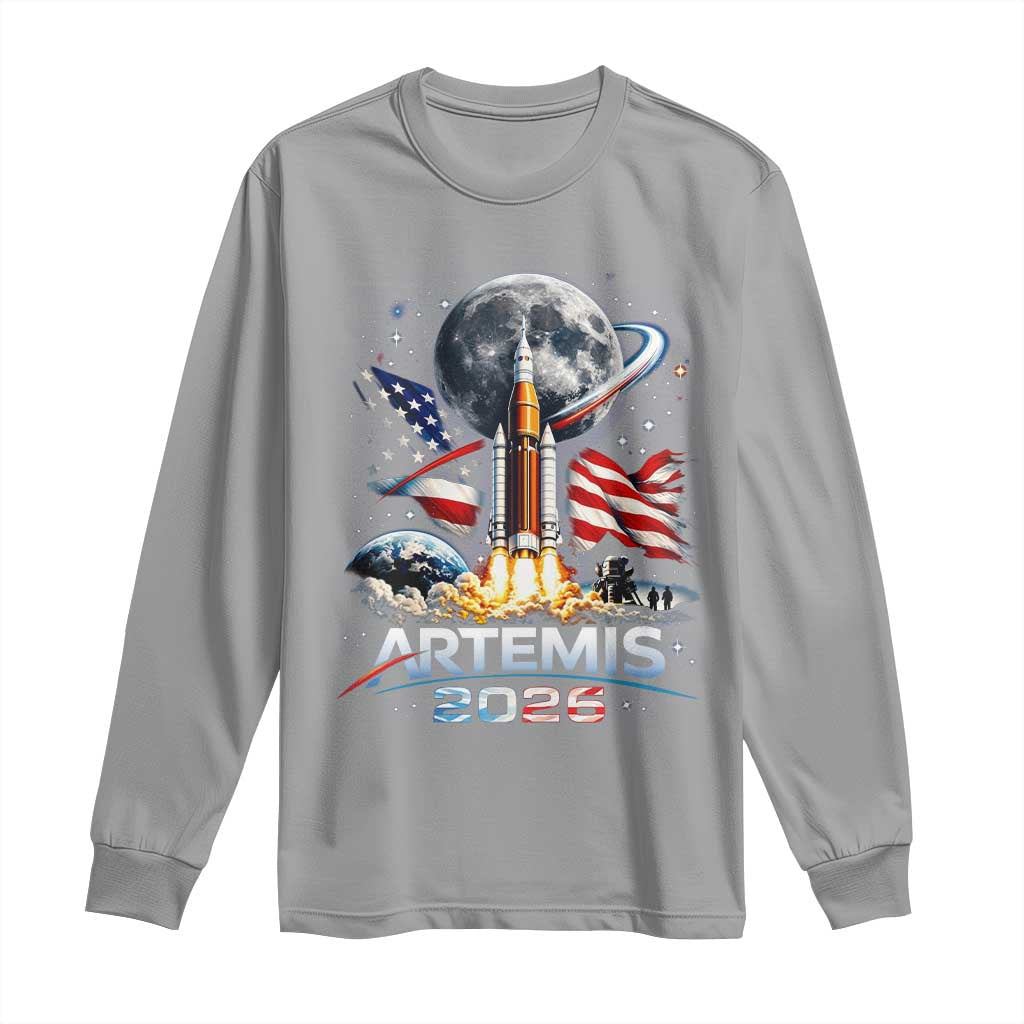 Patriotic 2026 Lunar Orbit Mission Rocket Launch Long Sleeve Shirt American Flag n Moon Patriotic Space Astronomy Enthusiasts TS02 Sport Gray Print Your Wear