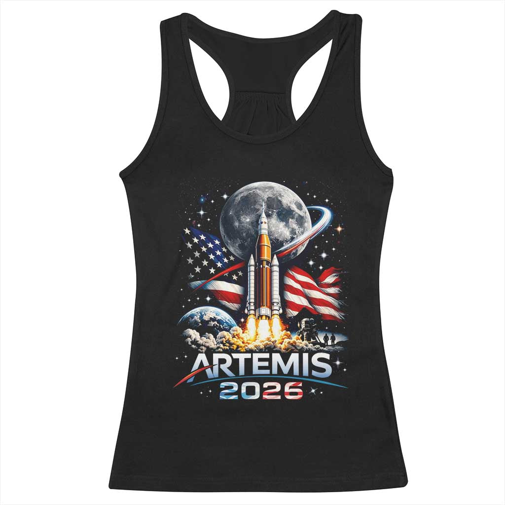 Patriotic 2026 Lunar Orbit Mission Rocket Launch Racerback Tank Top American Flag n Moon Patriotic Space Astronomy Enthusiasts TS02 Black Print Your Wear