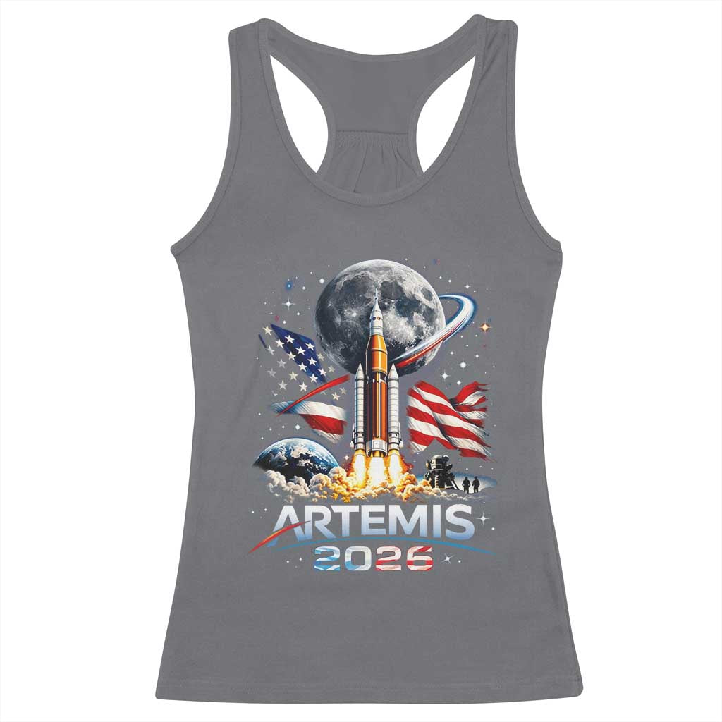 Patriotic 2026 Lunar Orbit Mission Rocket Launch Racerback Tank Top American Flag n Moon Patriotic Space Astronomy Enthusiasts TS02 Charcoal Print Your Wear