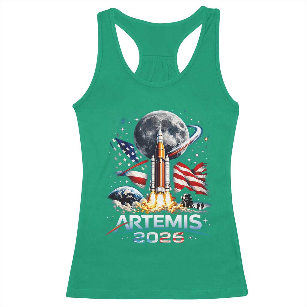 Patriotic 2026 Lunar Orbit Mission Rocket Launch Racerback Tank Top American Flag n Moon Patriotic Space Astronomy Enthusiasts TS02 Irish Green Print Your Wear