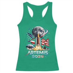 Patriotic 2026 Lunar Orbit Mission Rocket Launch Racerback Tank Top American Flag n Moon Patriotic Space Astronomy Enthusiasts TS02 Irish Green Print Your Wear