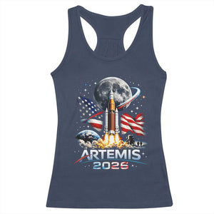 Patriotic 2026 Lunar Orbit Mission Rocket Launch Racerback Tank Top American Flag n Moon Patriotic Space Astronomy Enthusiasts TS02 Navy Print Your Wear