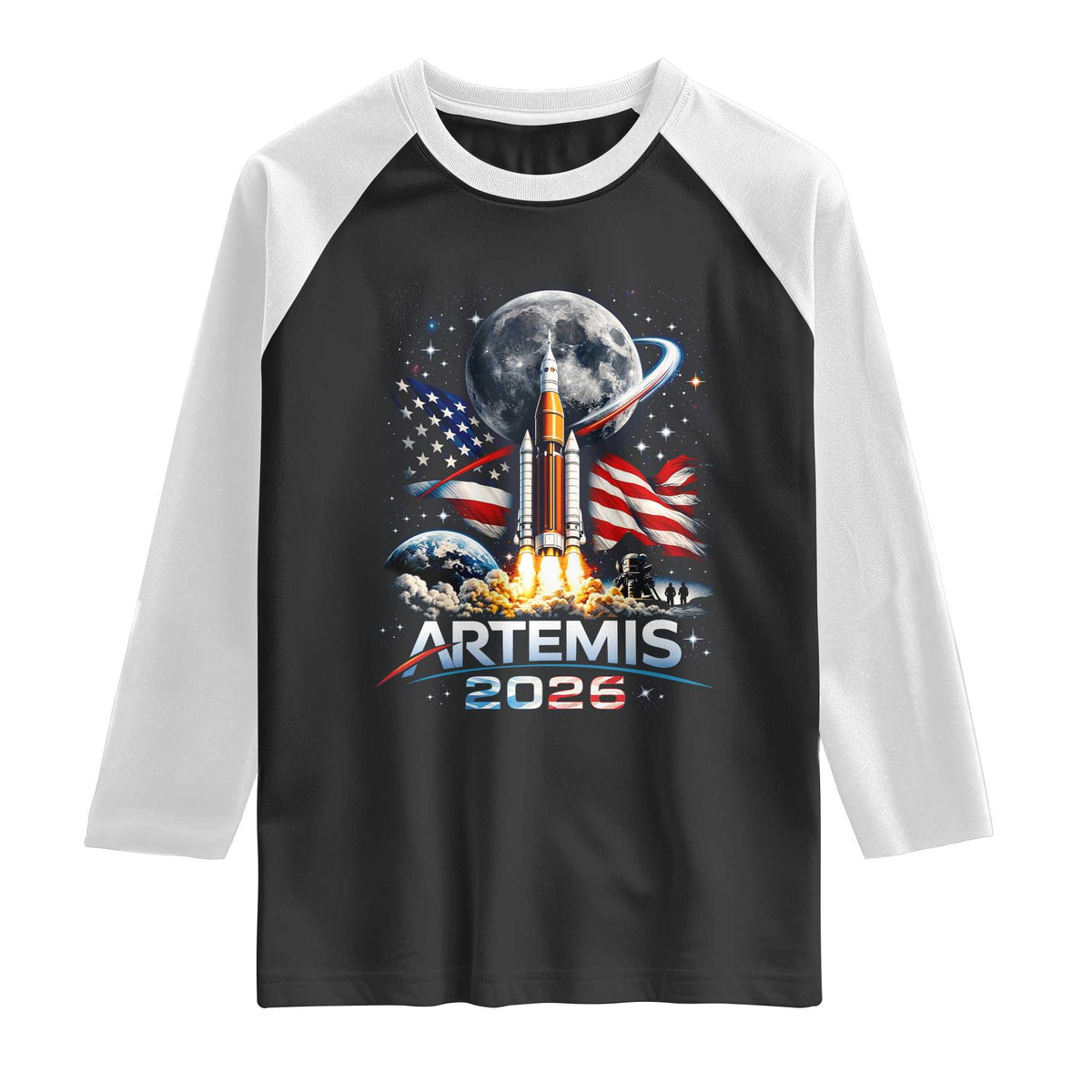 Patriotic 2026 Lunar Orbit Mission Rocket Launch Raglan Shirt American Flag n Moon Patriotic Space Astronomy Enthusiasts TS02 Black White Print Your Wear