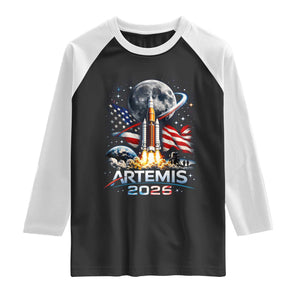 Patriotic 2026 Lunar Orbit Mission Rocket Launch Raglan Shirt American Flag n Moon Patriotic Space Astronomy Enthusiasts TS02 Black White Print Your Wear