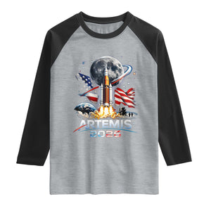 Patriotic 2026 Lunar Orbit Mission Rocket Launch Raglan Shirt American Flag n Moon Patriotic Space Astronomy Enthusiasts TS02 Heather Gray Black Print Your Wear