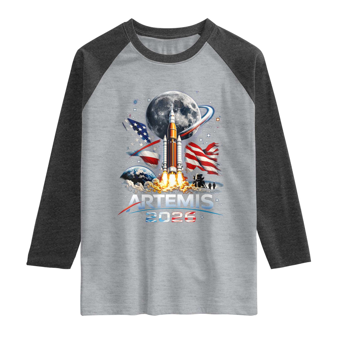 Patriotic 2026 Lunar Orbit Mission Rocket Launch Raglan Shirt American Flag n Moon Patriotic Space Astronomy Enthusiasts TS02 Heather Gray Heather Charcoal Print Your Wear