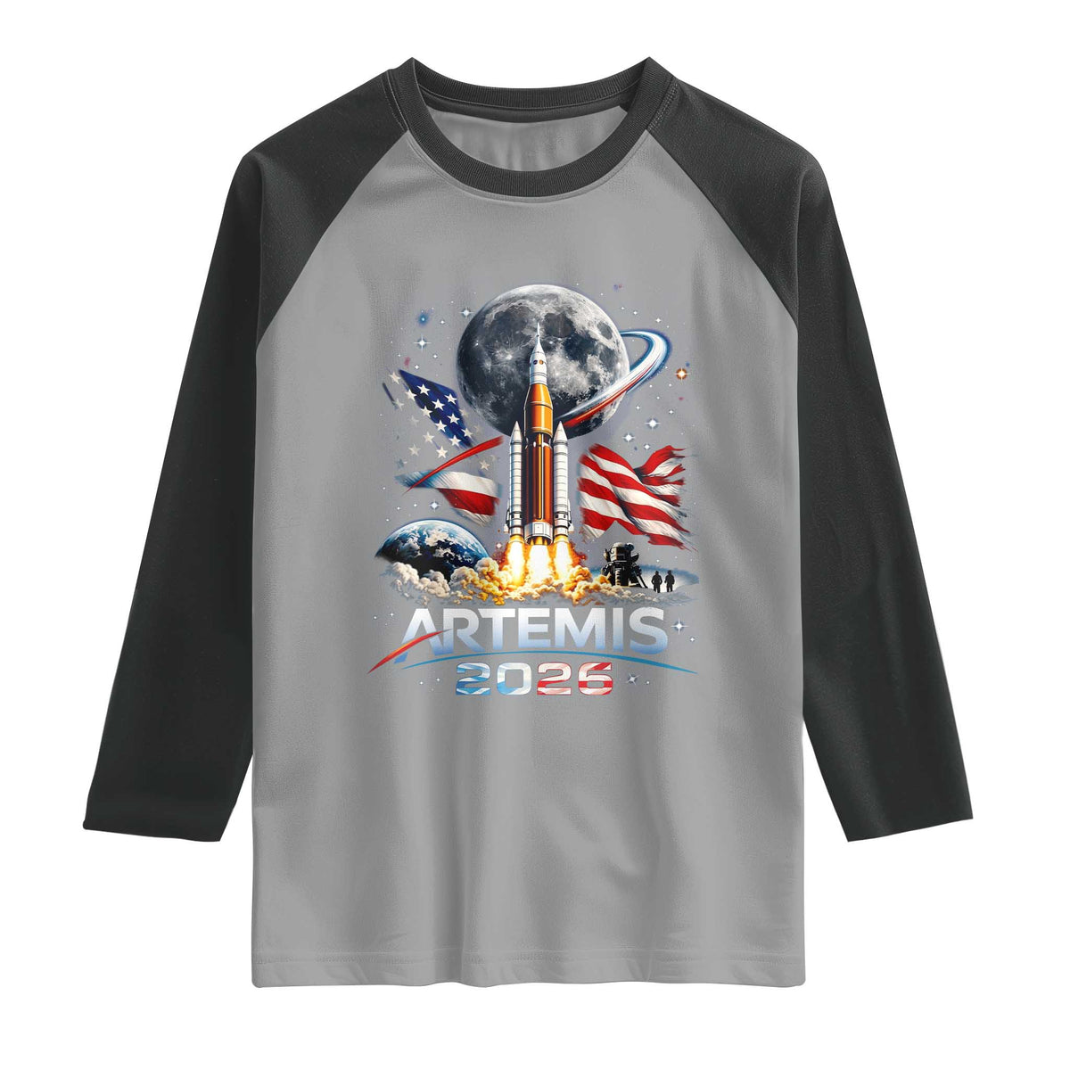 Patriotic 2026 Lunar Orbit Mission Rocket Launch Raglan Shirt American Flag n Moon Patriotic Space Astronomy Enthusiasts TS02 Sport Gray Black Print Your Wear