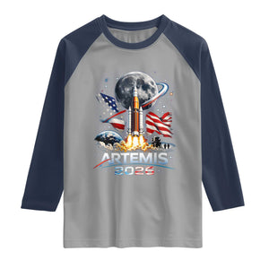 Patriotic 2026 Lunar Orbit Mission Rocket Launch Raglan Shirt American Flag n Moon Patriotic Space Astronomy Enthusiasts TS02 Sport Gray Navy Print Your Wear