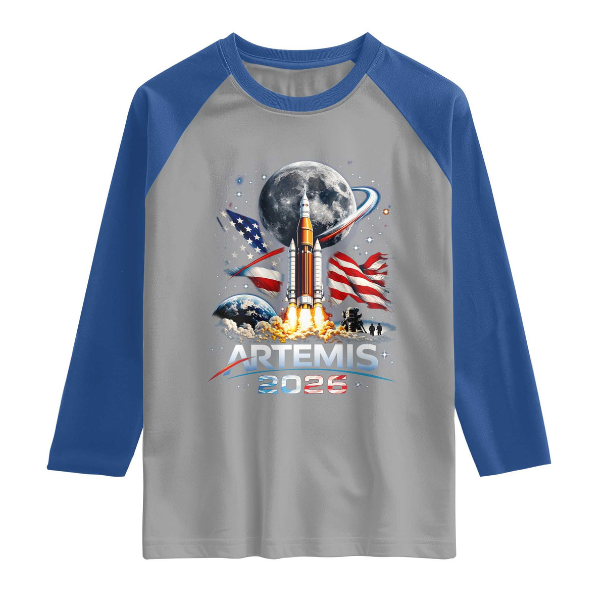 Patriotic 2026 Lunar Orbit Mission Rocket Launch Raglan Shirt American Flag n Moon Patriotic Space Astronomy Enthusiasts TS02 Sport Gray Royal Print Your Wear