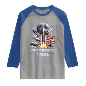Patriotic 2026 Lunar Orbit Mission Rocket Launch Raglan Shirt American Flag n Moon Patriotic Space Astronomy Enthusiasts TS02 Sport Gray Royal Print Your Wear