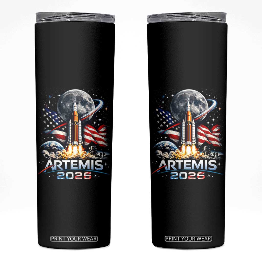 Patriotic 2026 Lunar Orbit Mission Rocket Launch Skinny Tumbler American Flag n Moon Patriotic Space Astronomy Enthusiasts TS02 Black Print Your Wear