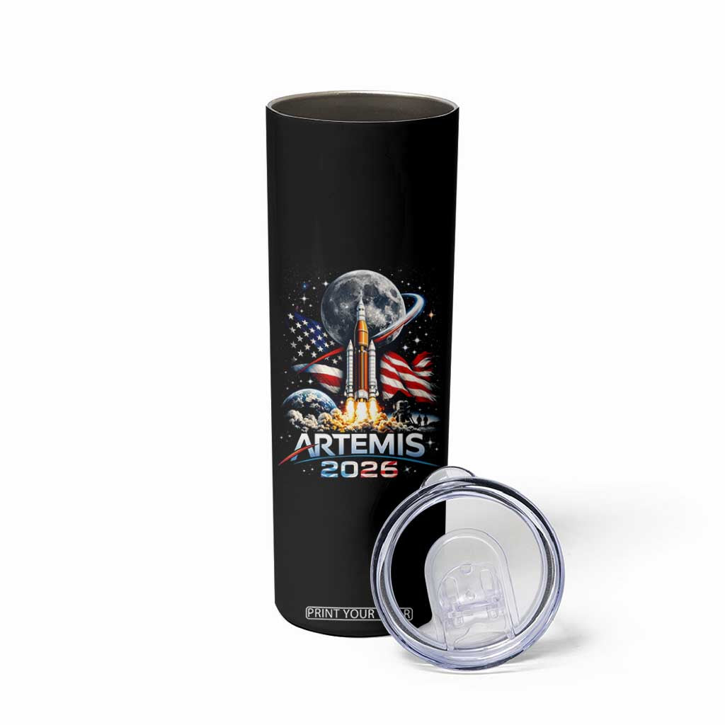Patriotic 2026 Lunar Orbit Mission Rocket Launch Skinny Tumbler American Flag n Moon Patriotic Space Astronomy Enthusiasts TS02 Print Your Wear
