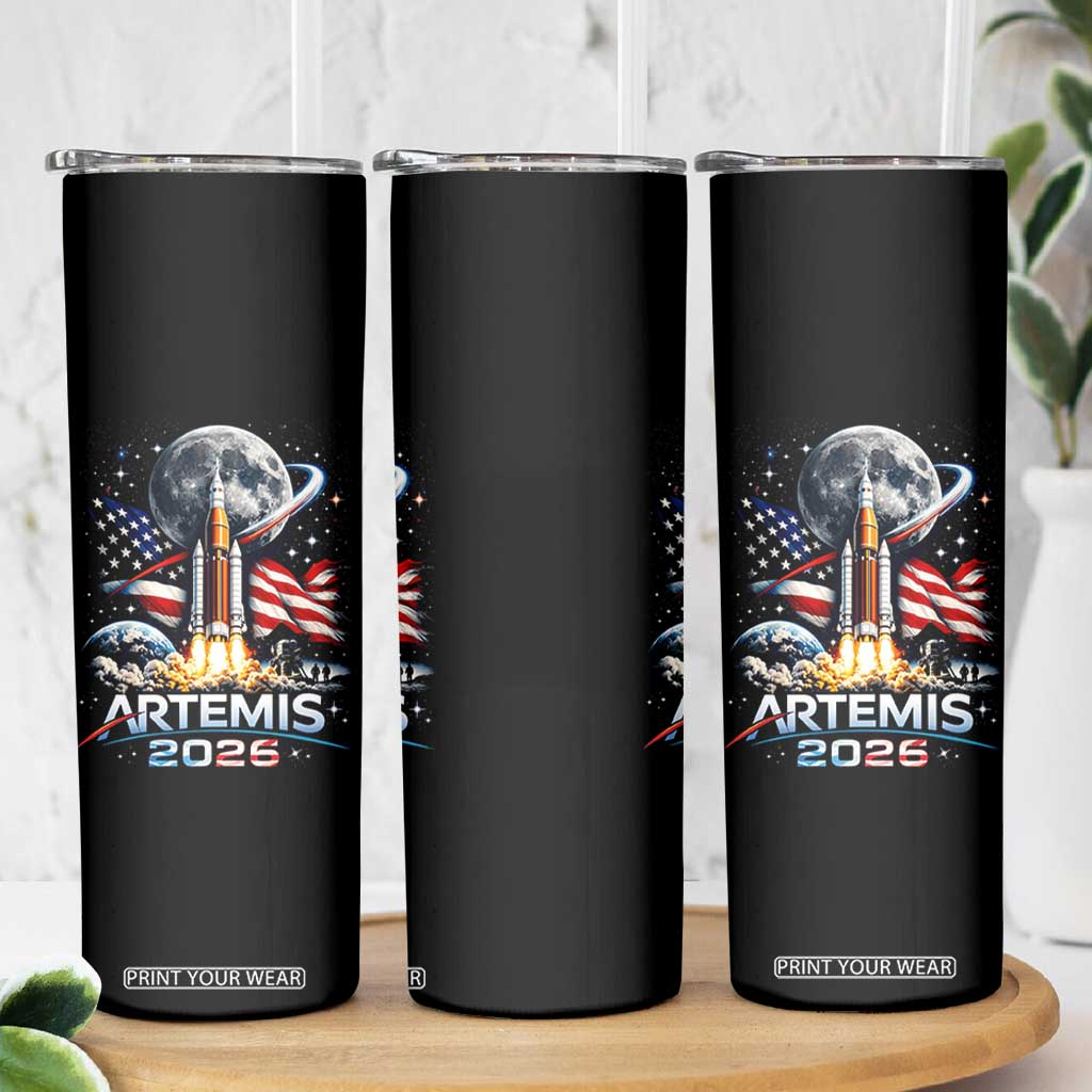 Patriotic 2026 Lunar Orbit Mission Rocket Launch Skinny Tumbler American Flag n Moon Patriotic Space Astronomy Enthusiasts TS02 Print Your Wear