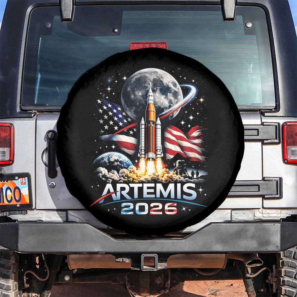 Patriotic 2026 Lunar Orbit Mission Rocket Launch Spare Tire Cover American Flag n Moon Patriotic Space Astronomy Enthusiasts TS02 No hole Black Print Your Wear