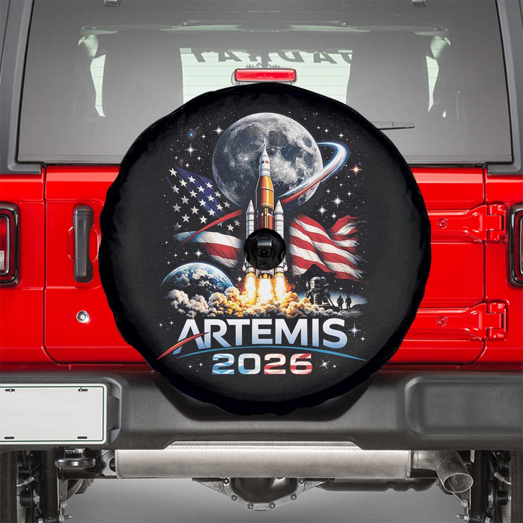Patriotic 2026 Lunar Orbit Mission Rocket Launch Spare Tire Cover American Flag n Moon Patriotic Space Astronomy Enthusiasts TS02 Black Print Your Wear