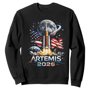 Patriotic 2026 Lunar Orbit Mission Rocket Launch Sweatshirt American Flag n Moon Patriotic Space Astronomy Enthusiasts TS02 Black Print Your Wear
