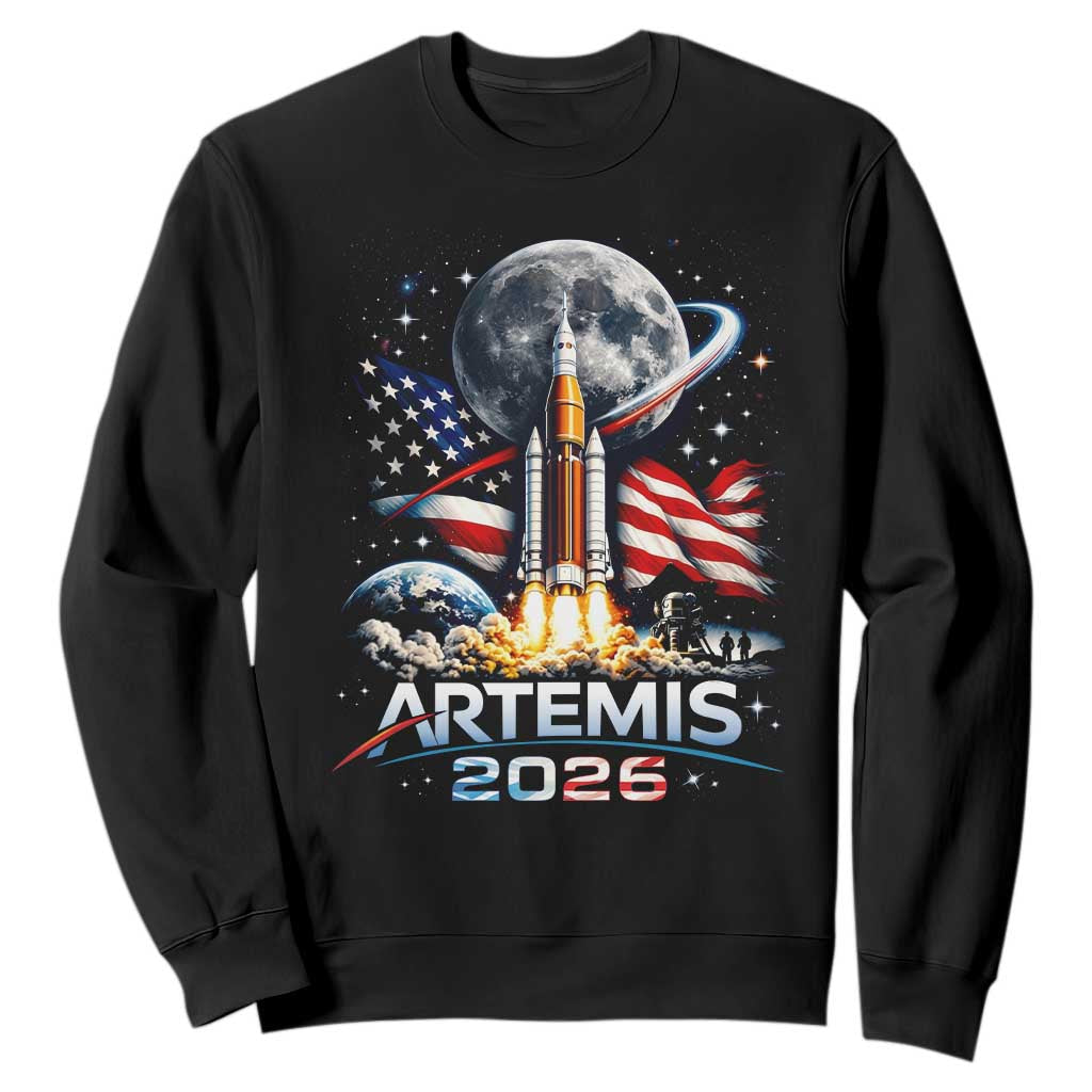 Patriotic 2026 Lunar Orbit Mission Rocket Launch Sweatshirt American Flag n Moon Patriotic Space Astronomy Enthusiasts TS02 Black Print Your Wear