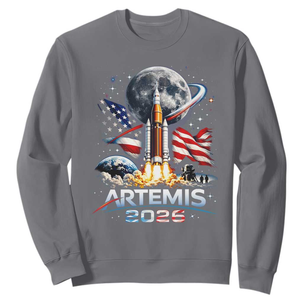 Patriotic 2026 Lunar Orbit Mission Rocket Launch Sweatshirt American Flag n Moon Patriotic Space Astronomy Enthusiasts TS02 Charcoal Print Your Wear