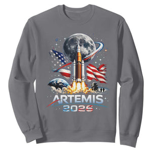 Patriotic 2026 Lunar Orbit Mission Rocket Launch Sweatshirt American Flag n Moon Patriotic Space Astronomy Enthusiasts TS02 Charcoal Print Your Wear