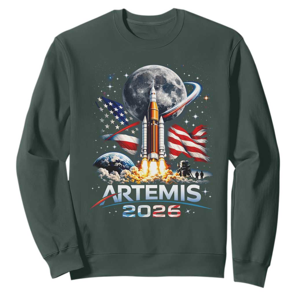 Patriotic 2026 Lunar Orbit Mission Rocket Launch Sweatshirt American Flag n Moon Patriotic Space Astronomy Enthusiasts TS02 Dark Forest Green Print Your Wear