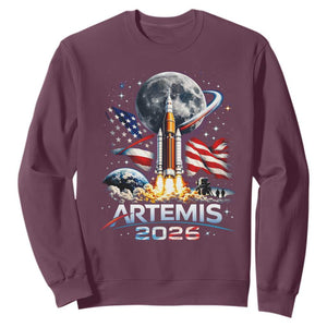 Patriotic 2026 Lunar Orbit Mission Rocket Launch Sweatshirt American Flag n Moon Patriotic Space Astronomy Enthusiasts TS02 Maroon Print Your Wear