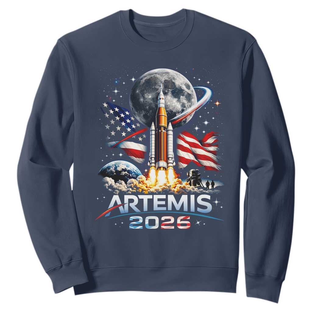 Patriotic 2026 Lunar Orbit Mission Rocket Launch Sweatshirt American Flag n Moon Patriotic Space Astronomy Enthusiasts TS02 Navy Print Your Wear