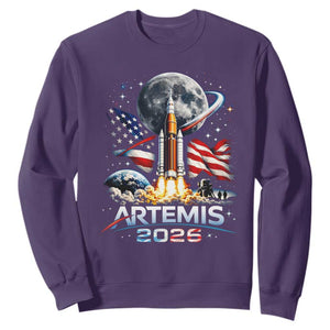 Patriotic 2026 Lunar Orbit Mission Rocket Launch Sweatshirt American Flag n Moon Patriotic Space Astronomy Enthusiasts TS02 Purple Print Your Wear