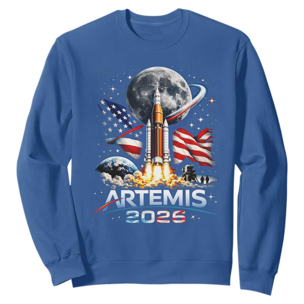 Patriotic 2026 Lunar Orbit Mission Rocket Launch Sweatshirt American Flag n Moon Patriotic Space Astronomy Enthusiasts TS02 Royal Blue Print Your Wear